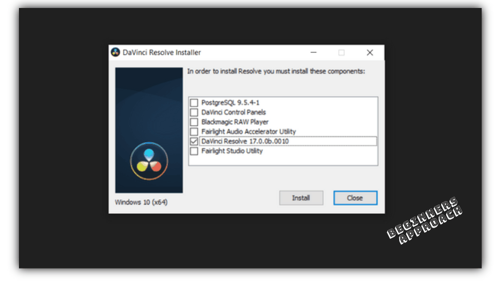 In the "DaVinci Resolve Installer" window, uncheck all the options except "DaVinci Resolve 17.0...