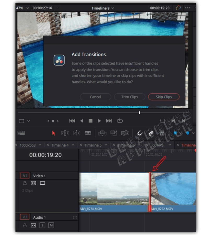 Not able to add transition in DaVinci Resolve