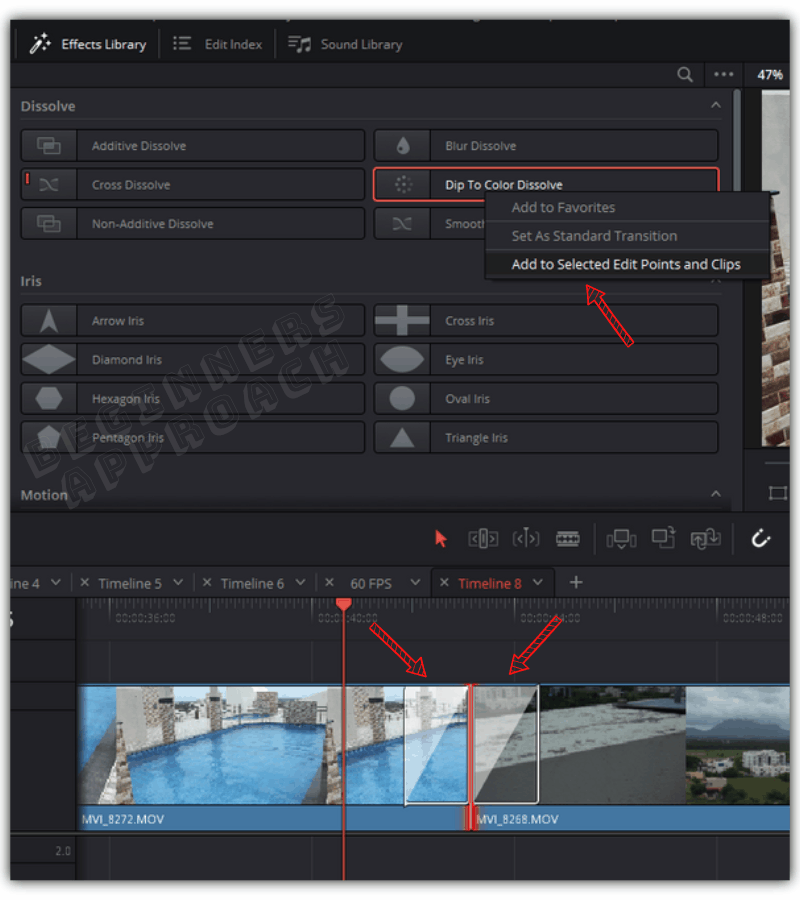 davinci resolve add transition without trimming 