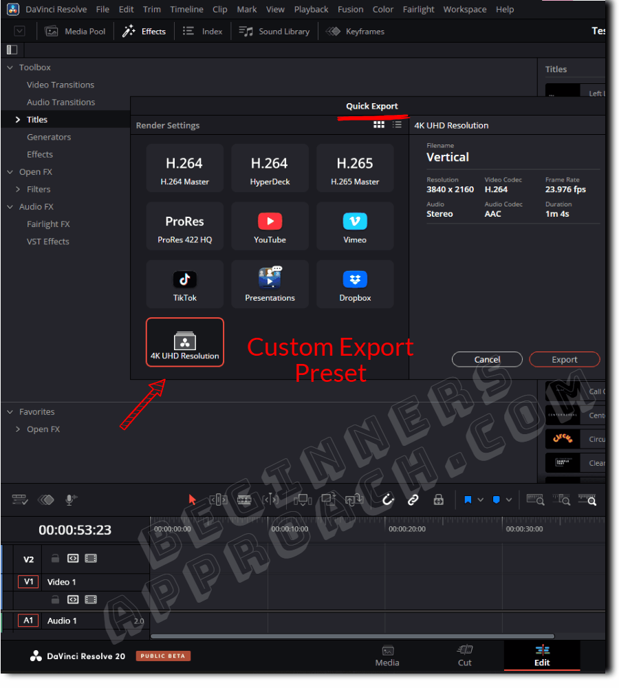 davinci resolve 20 - custom export preset in quick export