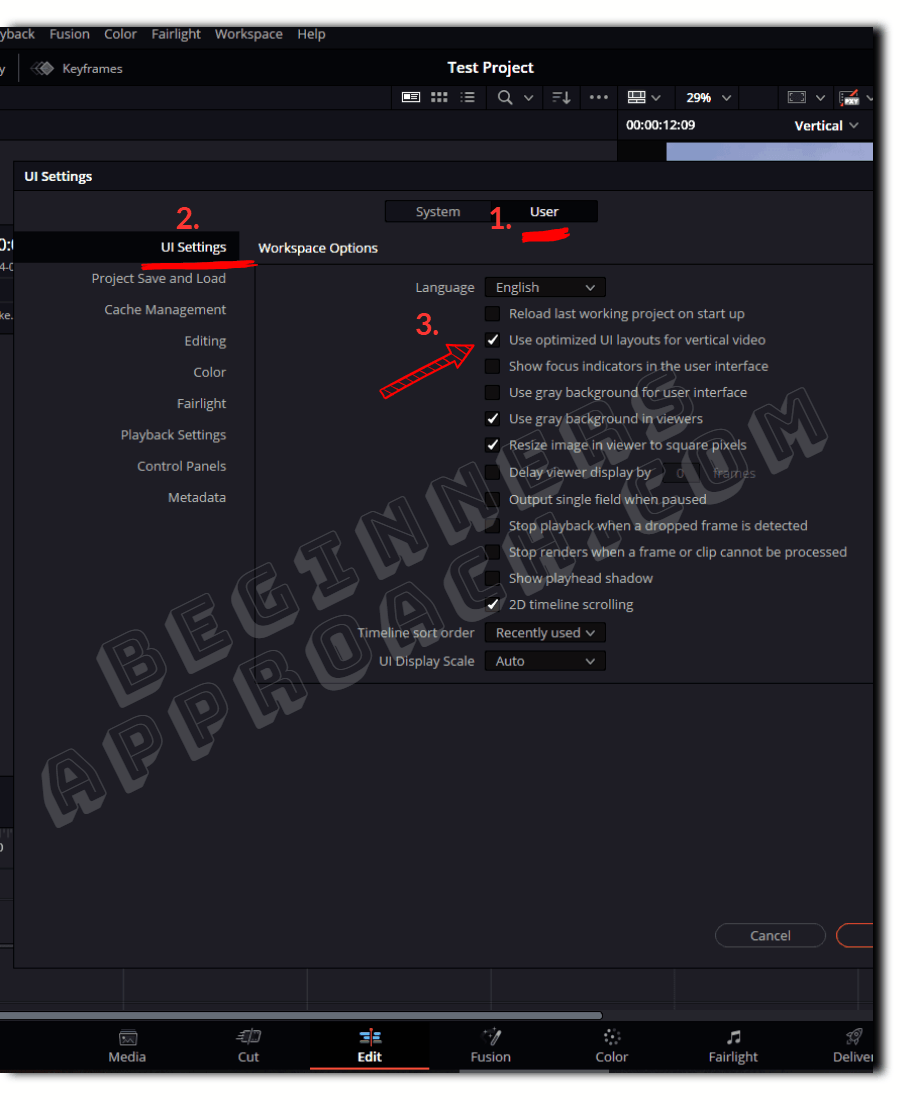davinci resolve 20 automatic vertical timeline UI